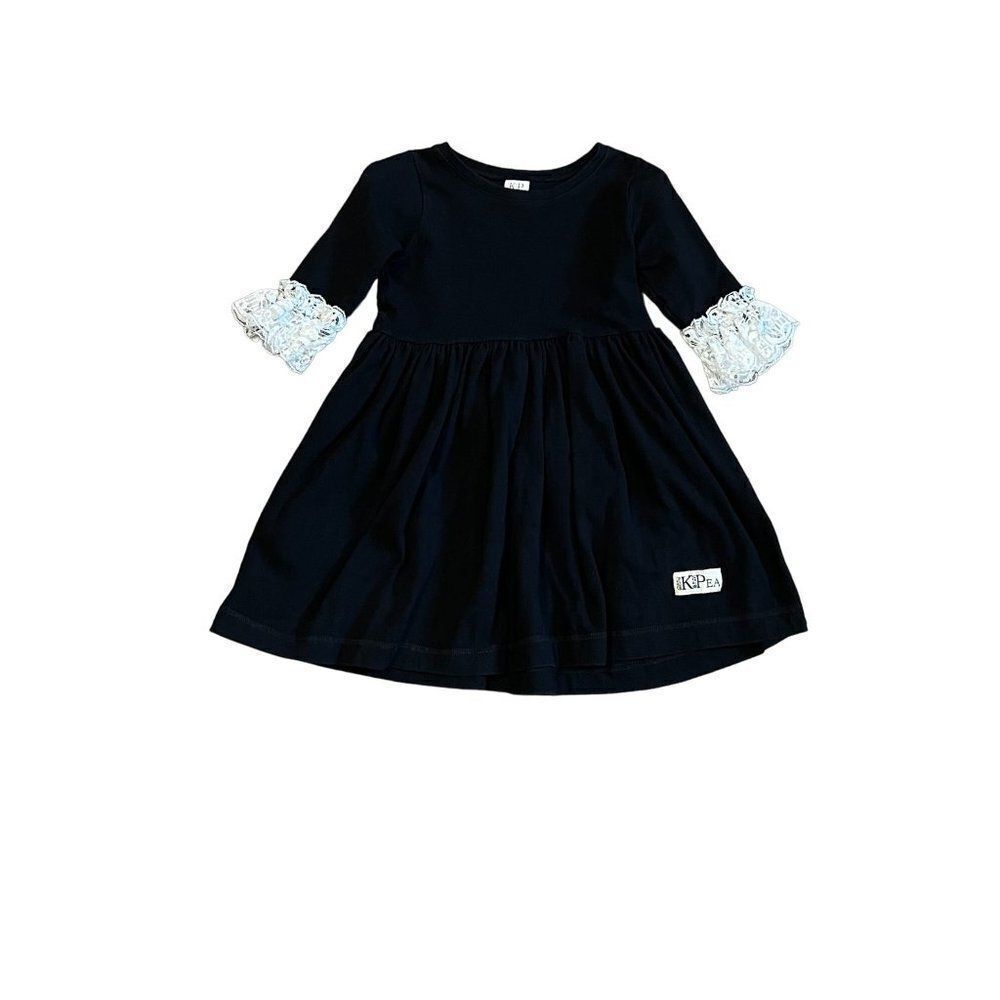 KPea Black Dress with White Lace Cuffs, Size 5